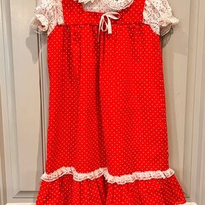 Vintage Bryan Red & White Polka Dot Dress Lace Trim Puff Sleeve Ruffles Size XL